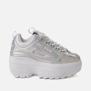 Fila Women's Holographic Platform Disruptor Sneaker - White/Silver